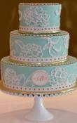 Aqua green buttercream iced, 3 tier Round wedding cake with thin dotted fondant ribbon and brushed hydrangea design with monogram.  
(a cake plate is used to direct your attention toward the cake and make it appear taller )